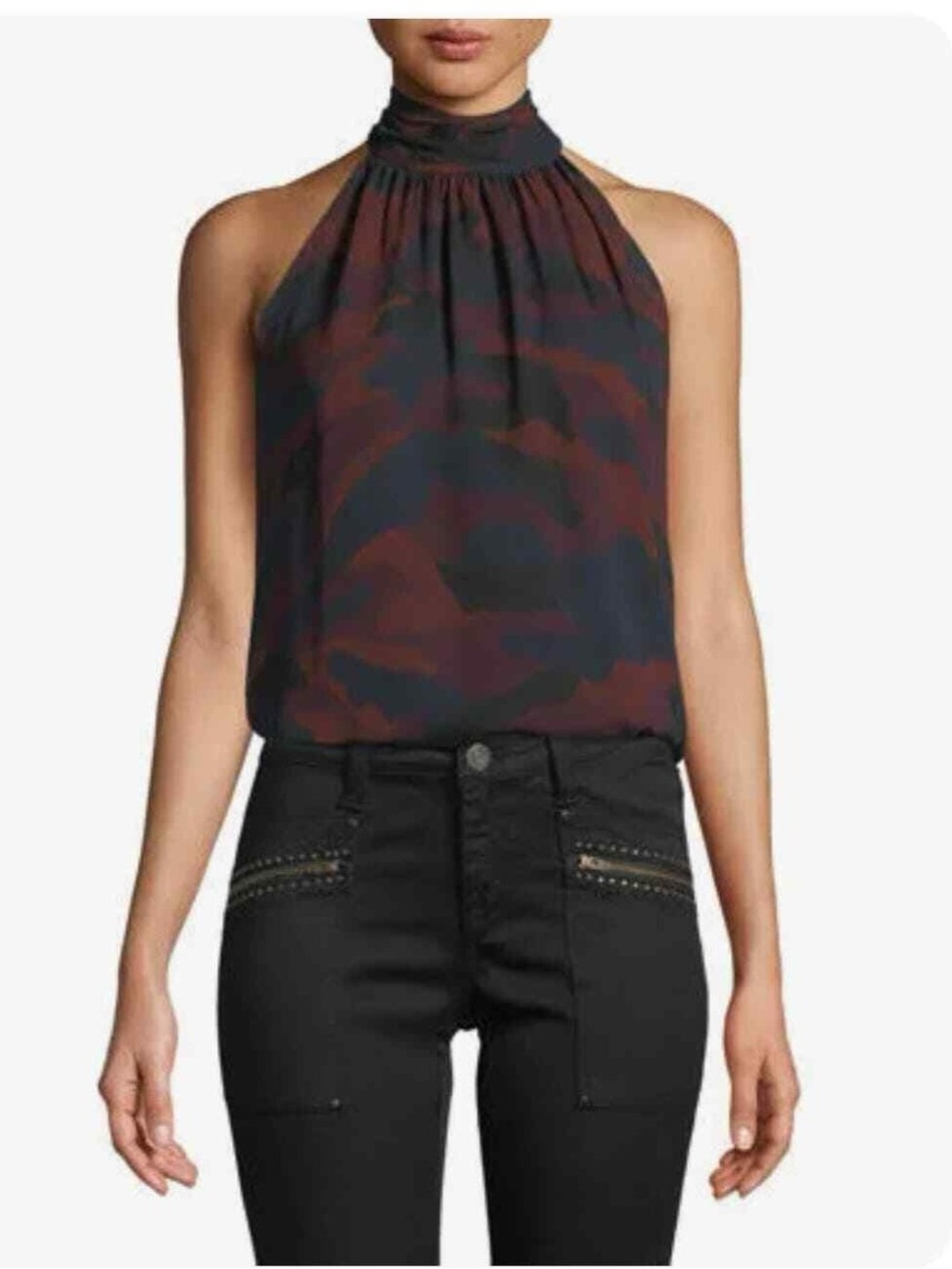 JOIE Erola B Silk Halter Top Camo Blouse Red Black XS
